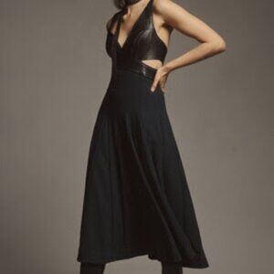 Anthropologie Faux Leather Panel Midi | Black Navy Cutout | 14